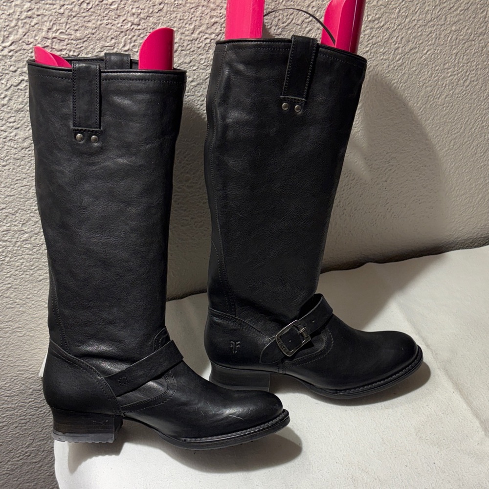 Frye Black Leather Mid-Calf Harness Boots